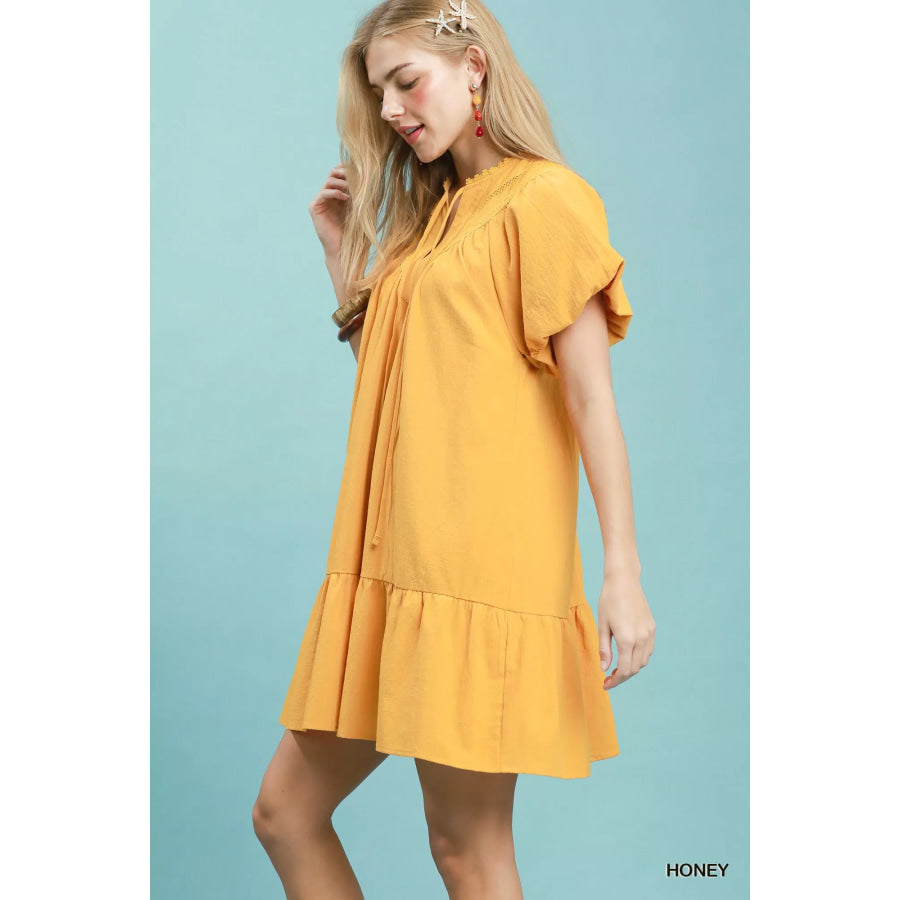 Umgee Flutter Sleeve Tassel Tie Ruffle Hem Mini Dress HONEY / S Apparel and Accessories