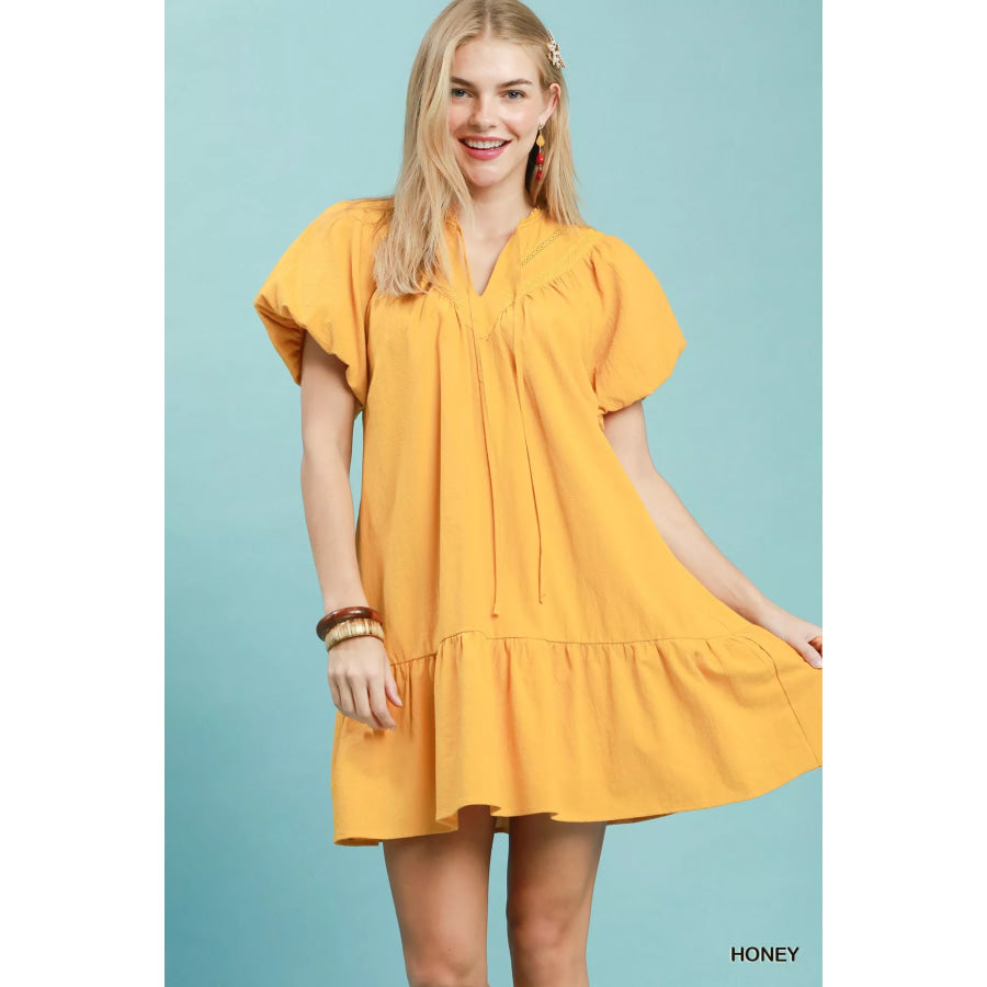 Umgee Flutter Sleeve Tassel Tie Ruffle Hem Mini Dress HONEY / S Apparel and Accessories