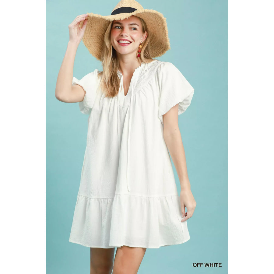 Umgee Flutter Sleeve Tassel Tie Ruffle Hem Mini Dress OFF WHITE / S Apparel and Accessories