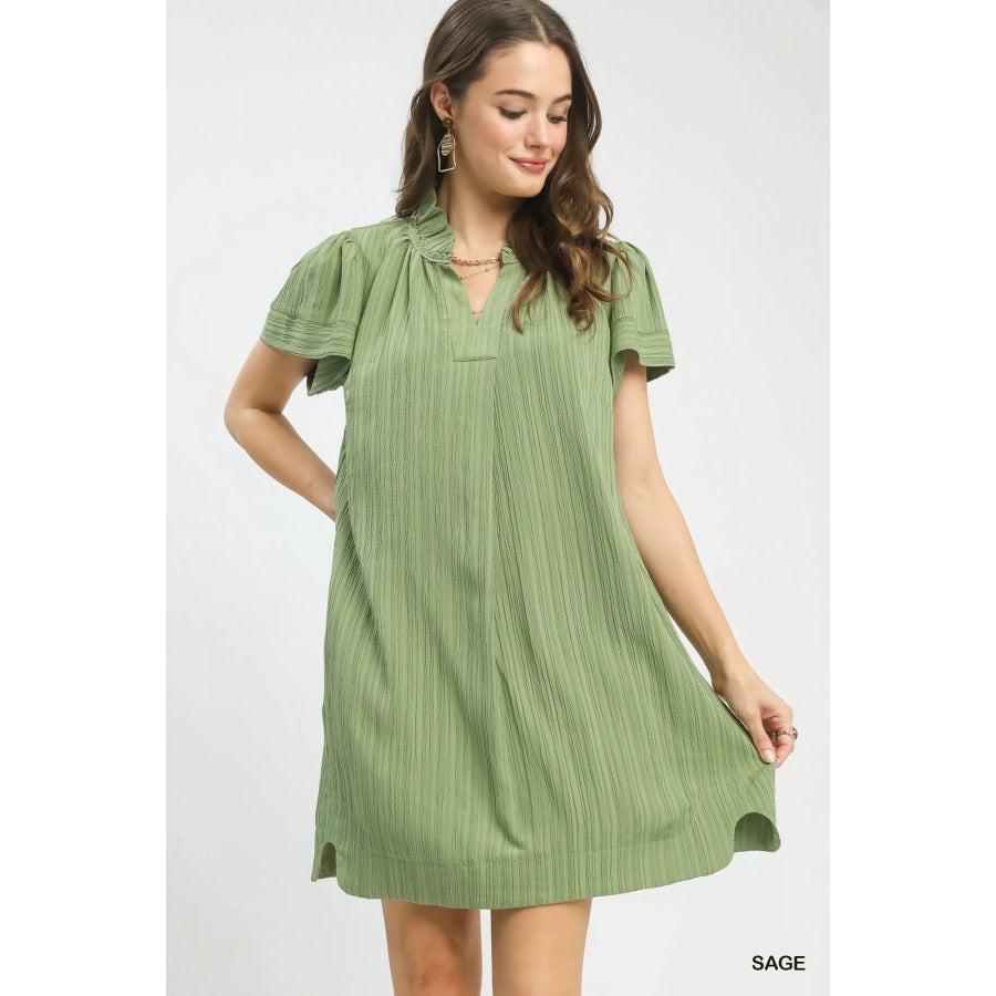 Umgee Flutter Sleeve V-Neck Shift Dress SAGE / S Apparel and Accessories