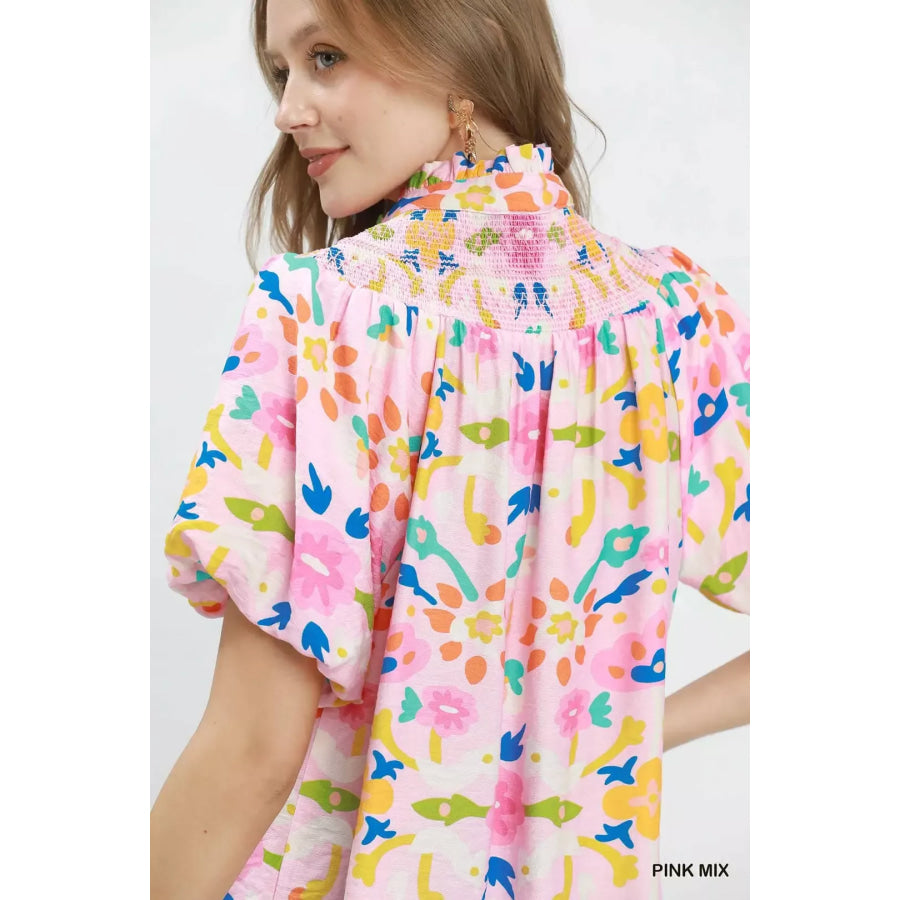 Umgee Folk Art Print Top with Smocked Detail Apparel and Accessories