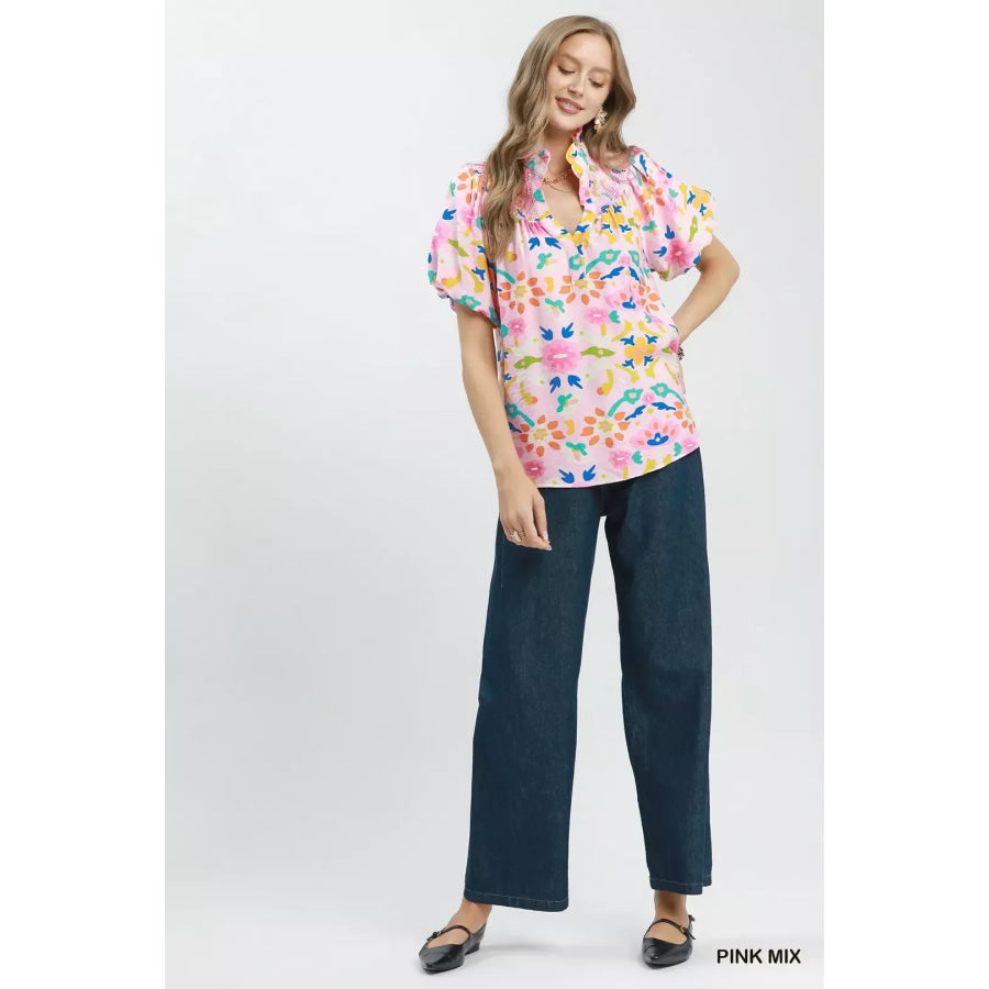 Umgee Folk Art Print Top with Smocked Detail Apparel and Accessories