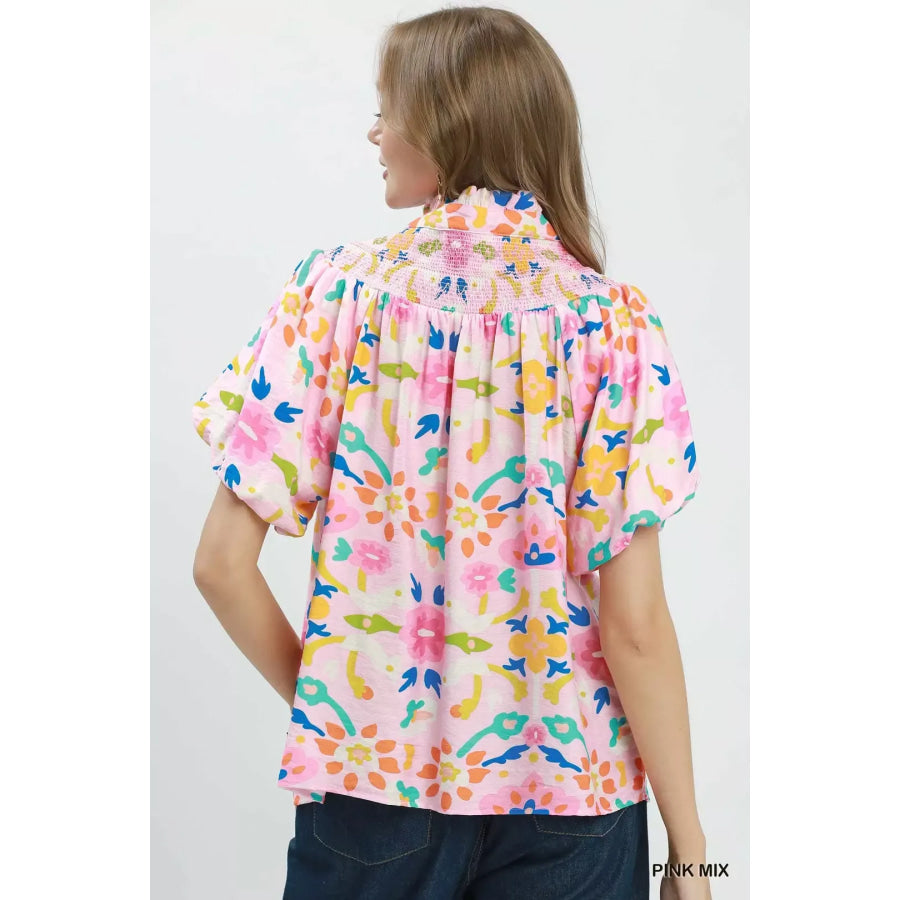 Umgee Folk Art Print Top with Smocked Detail Apparel and Accessories