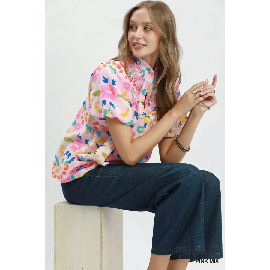 Umgee Folk Art Print Top with Smocked Detail Apparel and Accessories