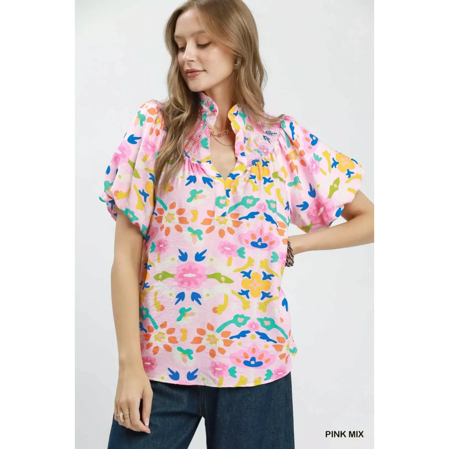 Umgee Folk Art Print Top with Smocked Detail PINK MIX / S Apparel and Accessories