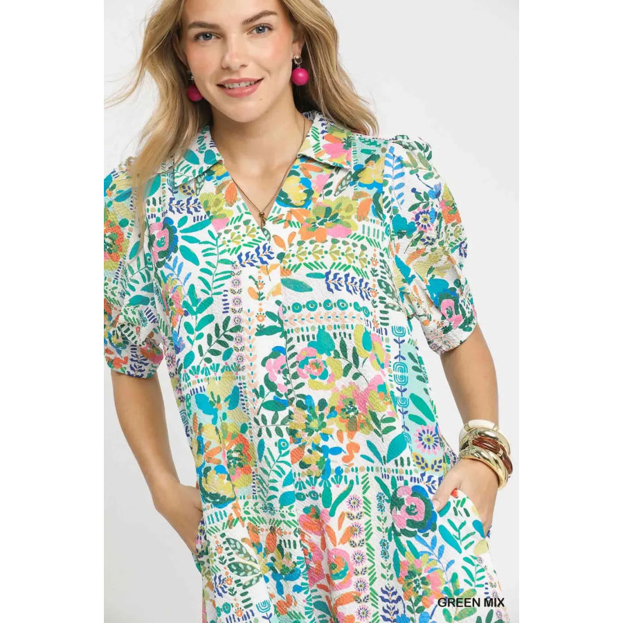 Umgee Folk Print Midi Dress with Side Pockets Apparel and Accessories