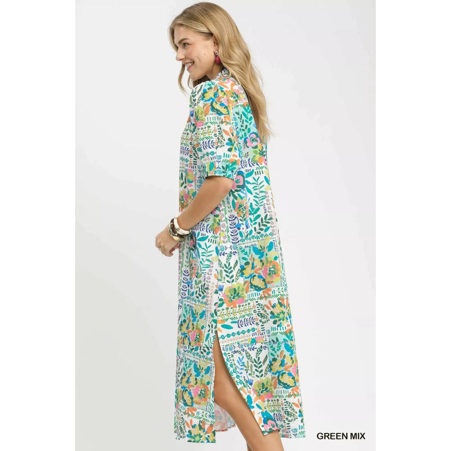 Umgee Folk Print Midi Dress with Side Pockets GREEN MIX / S Apparel and Accessories