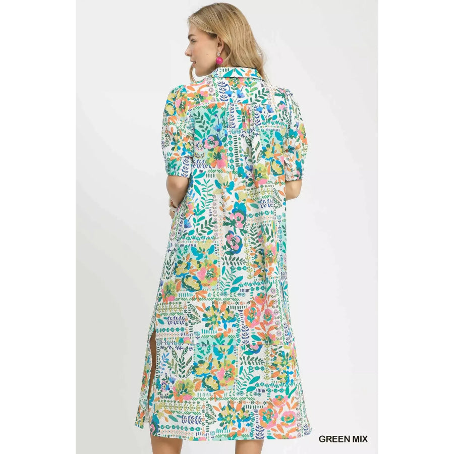 Umgee Folk Print Midi Dress with Side Pockets Apparel and Accessories