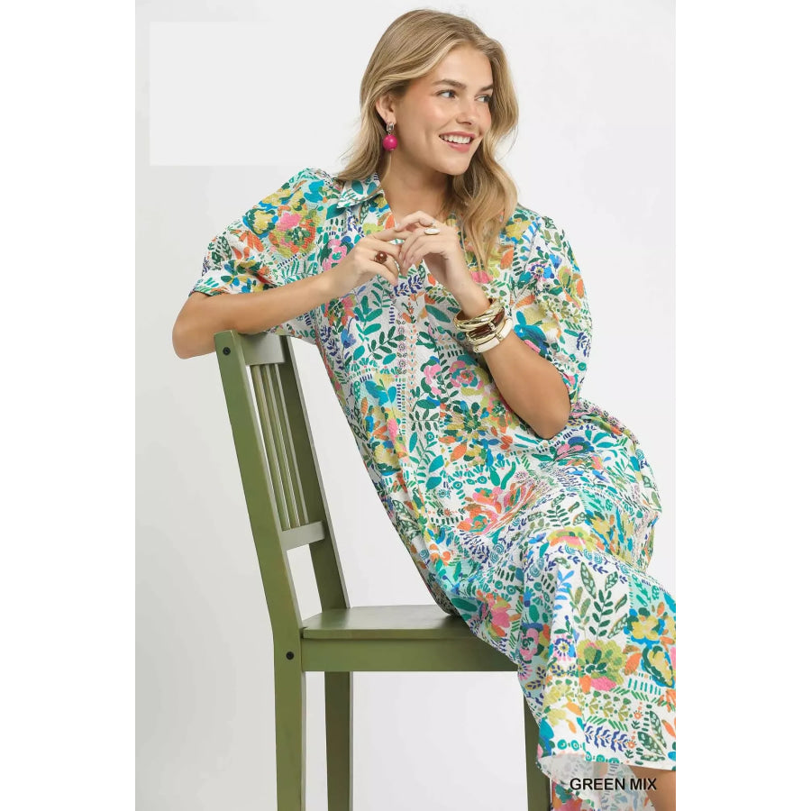 Umgee Folk Print Midi Dress with Side Pockets Apparel and Accessories