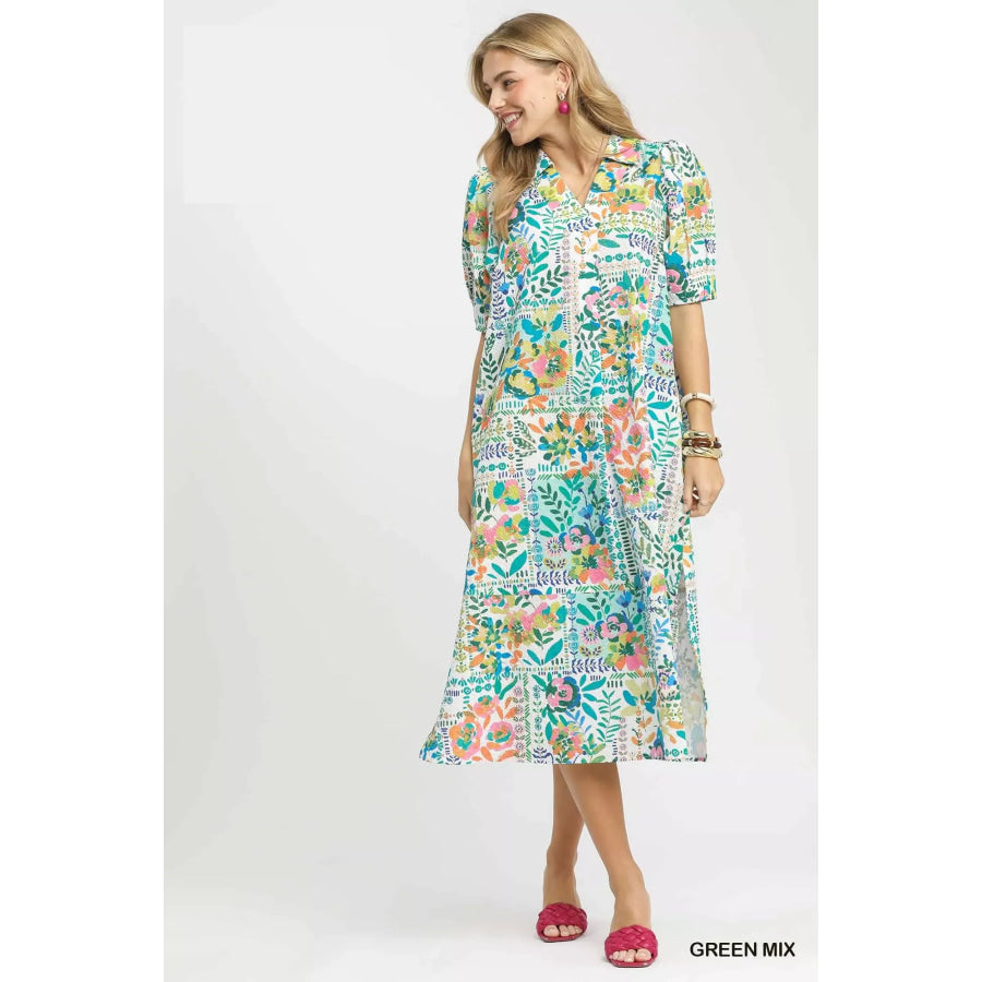 Umgee Folk Print Midi Dress with Side Pockets Apparel and Accessories