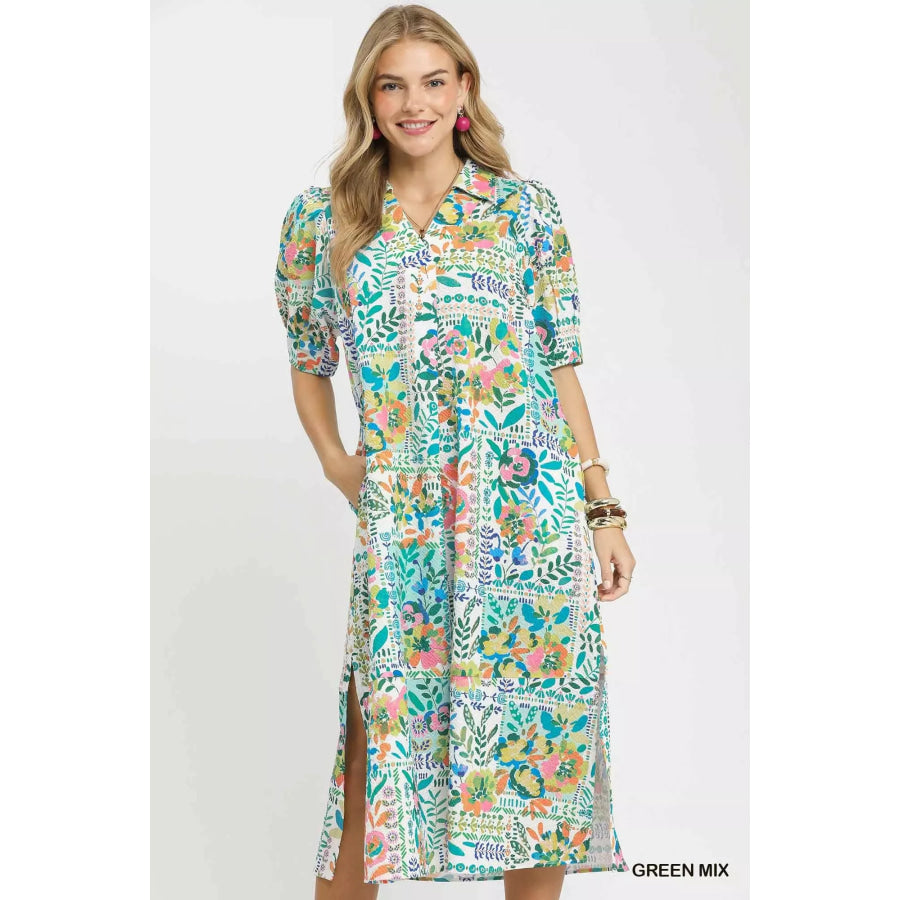 Umgee Folk Print Midi Dress with Side Pockets GREEN MIX / S Apparel and Accessories