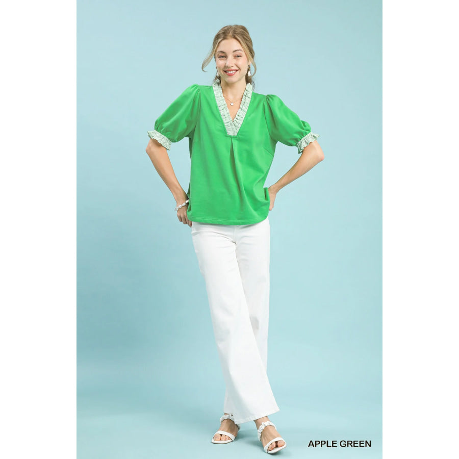 Umgee French Terry Ruffle Trim Puff Sleeve Top Apparel and Accessories