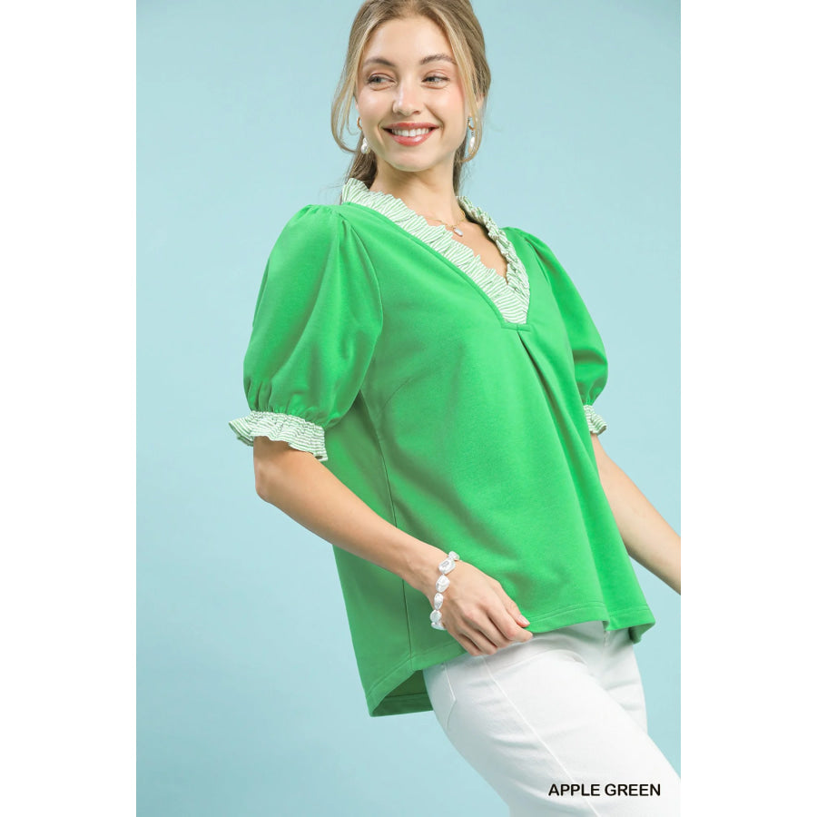 Umgee French Terry Ruffle Trim Puff Sleeve Top Apparel and Accessories