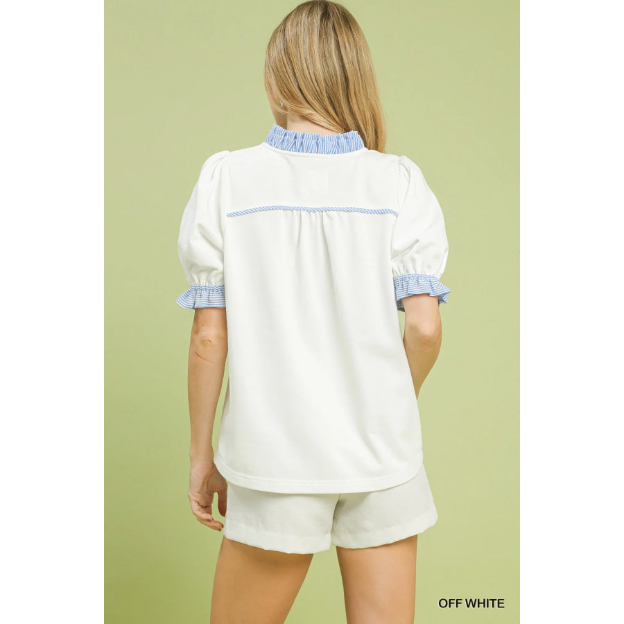 Umgee French Terry Ruffle Trim Puff Sleeve Top Apparel and Accessories