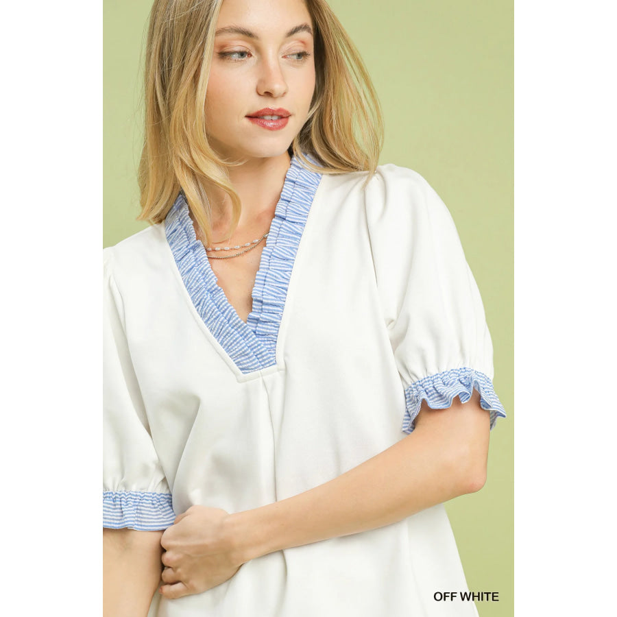 Umgee French Terry Ruffle Trim Puff Sleeve Top Apparel and Accessories
