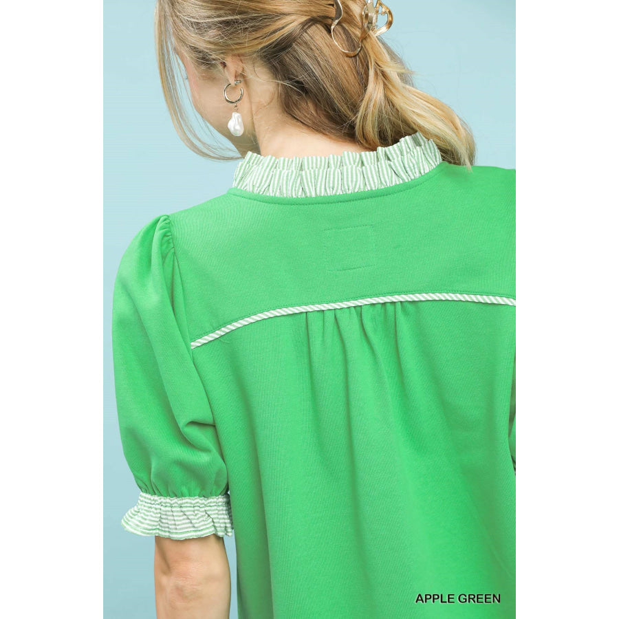 Umgee French Terry Ruffle Trim Puff Sleeve Top Apparel and Accessories