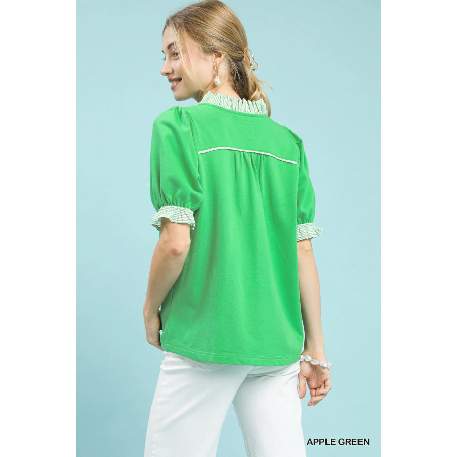 Umgee French Terry Ruffle Trim Puff Sleeve Top Apparel and Accessories