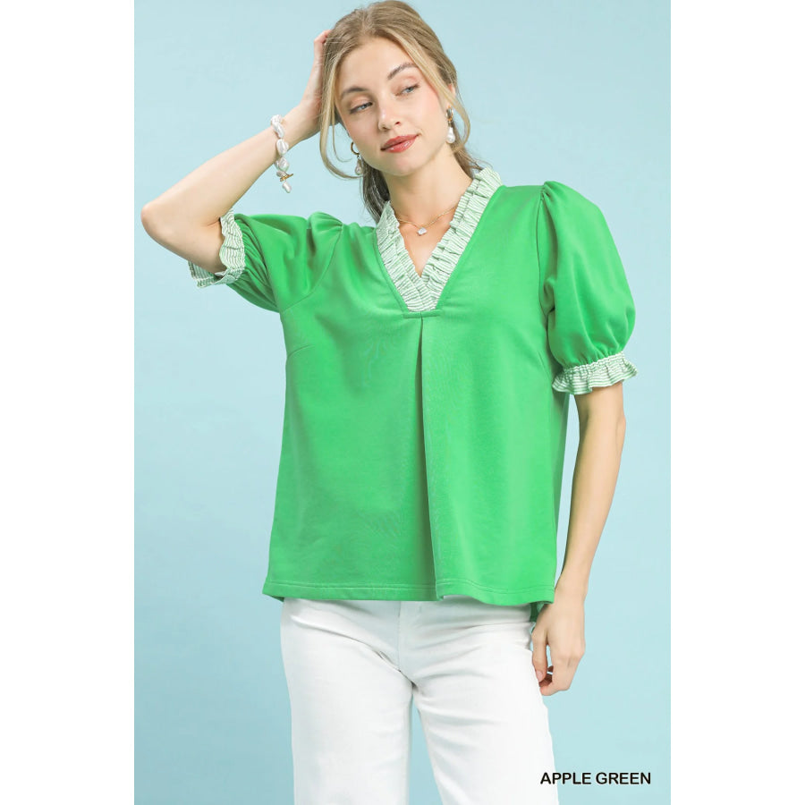 Umgee French Terry Ruffle Trim Puff Sleeve Top APPLE GREEN / S Apparel and Accessories