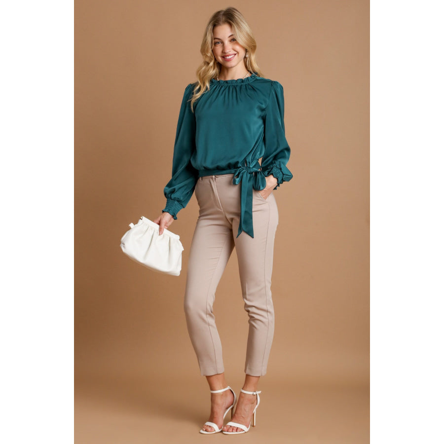 Umgee Frill Tied Hem Long Sleeve Blouse Apparel and Accessories