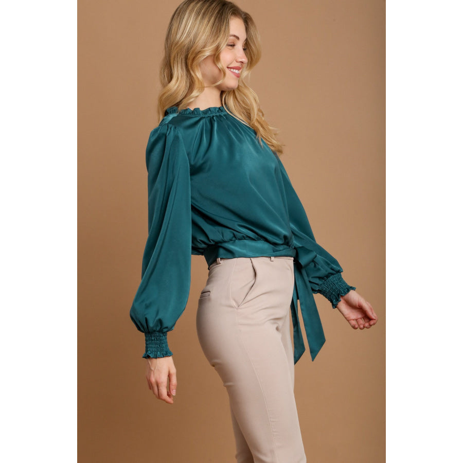 Umgee Frill Tied Hem Long Sleeve Blouse Apparel and Accessories