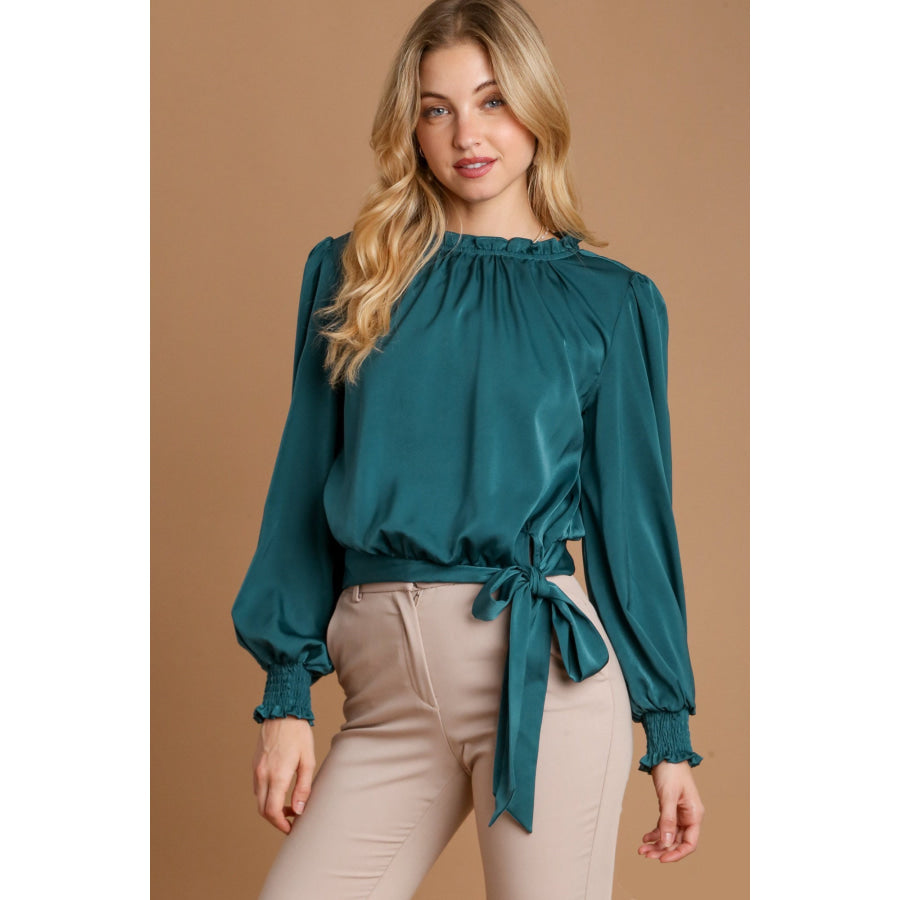 Umgee Frill Tied Hem Long Sleeve Blouse Deep Teal / S Apparel and Accessories