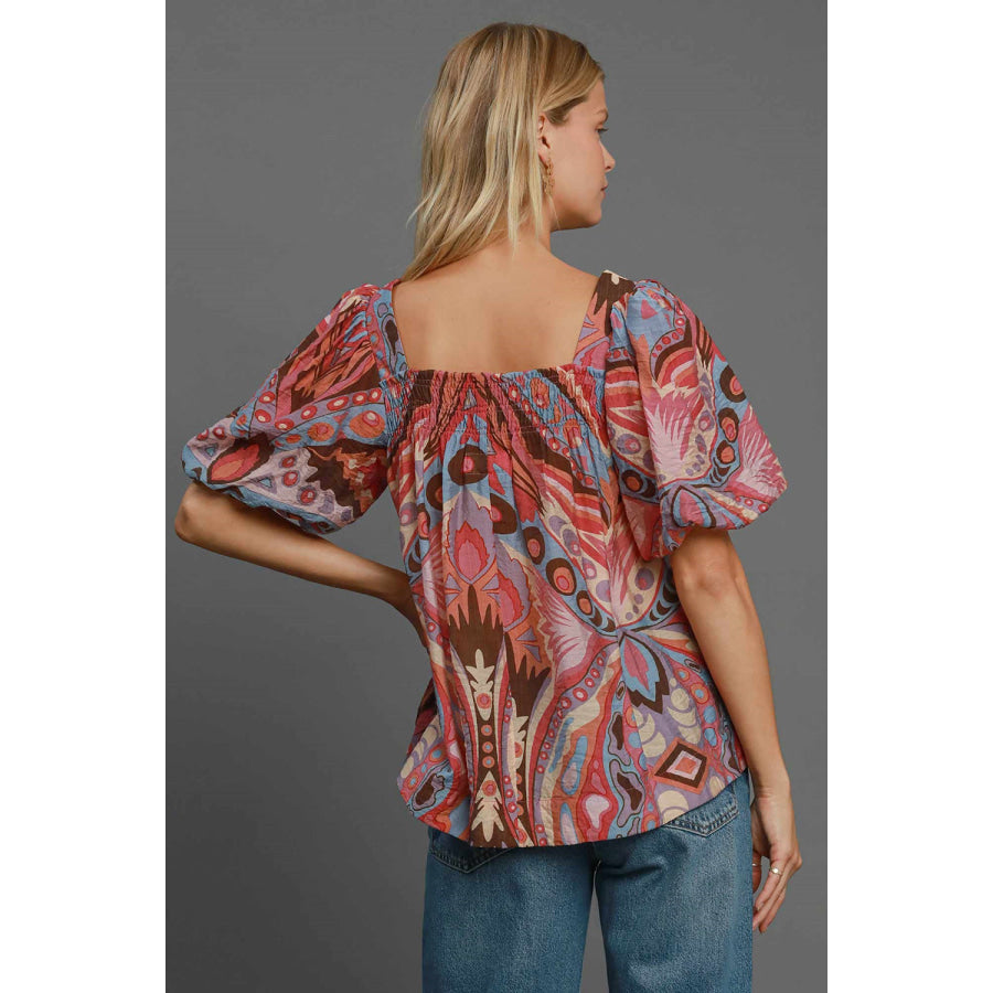 Umgee Full Size Abstract Print Smocked Square Neck Puff Sleeve Blouse Pink Mix / S Apparel and Accessories