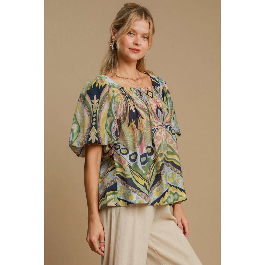 Umgee Full Size Abstract Print Smocked Square Neck Puff Sleeve Blouse Green Mix / S Apparel and Accessories