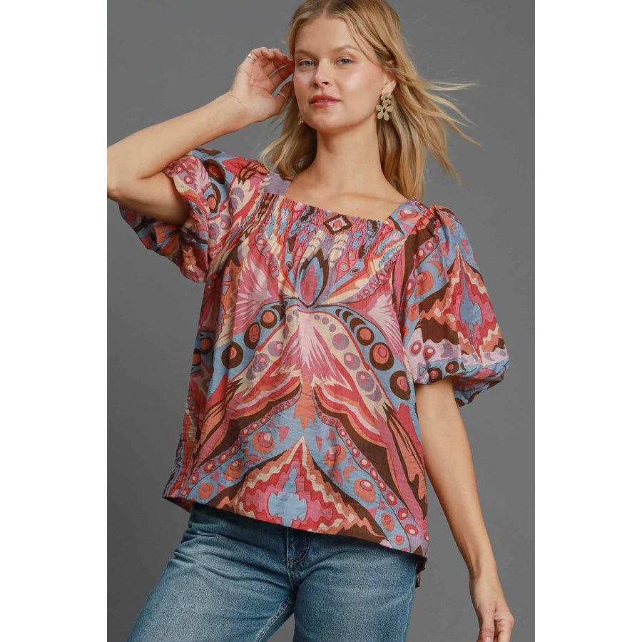 Umgee Full Size Abstract Print Smocked Square Neck Puff Sleeve Blouse Pink Mix / S Apparel and Accessories