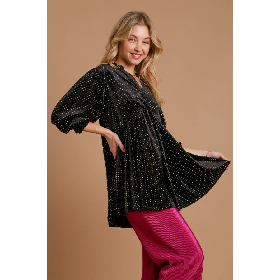 Umgee Full Size Beaded Frill Flounce Sleeve Velvet Babydoll Blouse Apparel and Accessories