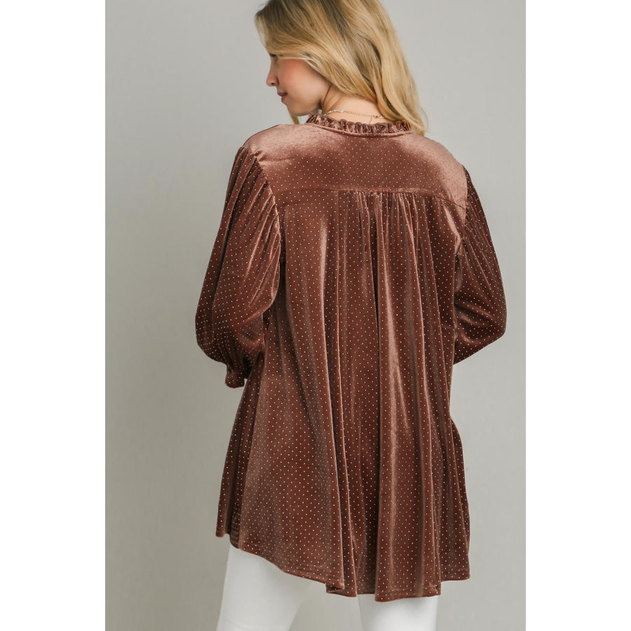 Umgee Full Size Beaded Frill Flounce Sleeve Velvet Babydoll Blouse Apparel and Accessories