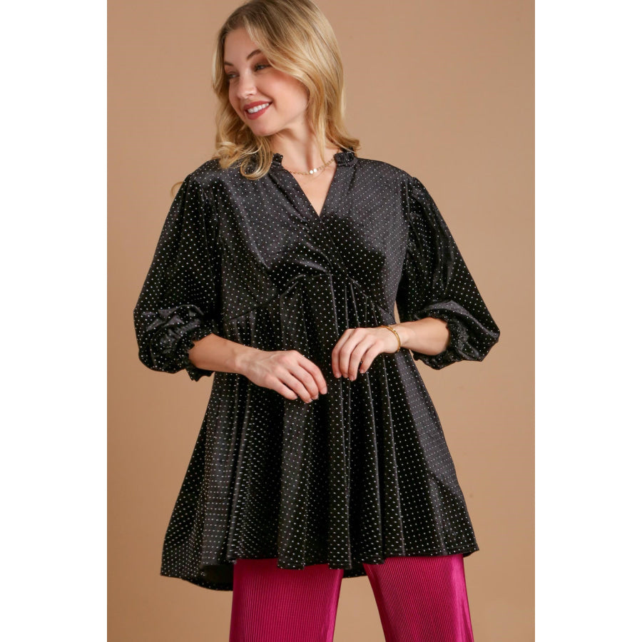 Umgee Full Size Beaded Frill Flounce Sleeve Velvet Babydoll Blouse Black / S Apparel and Accessories