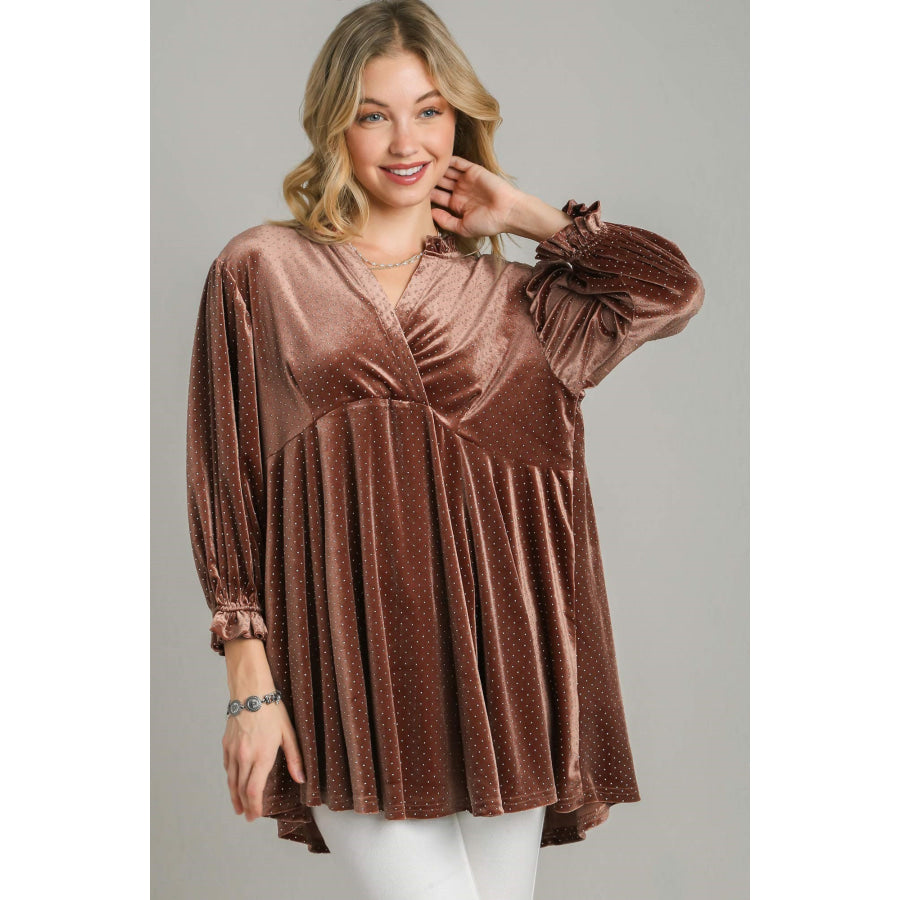 Umgee Full Size Beaded Frill Flounce Sleeve Velvet Babydoll Blouse Brown / S Apparel and Accessories