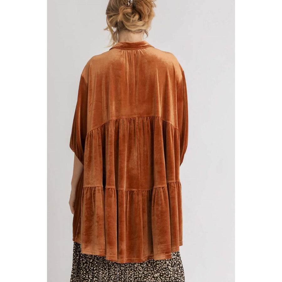 Umgee Full Size Button Down Tiered Back High Low Shirt Terracotta / S Apparel and Accessories