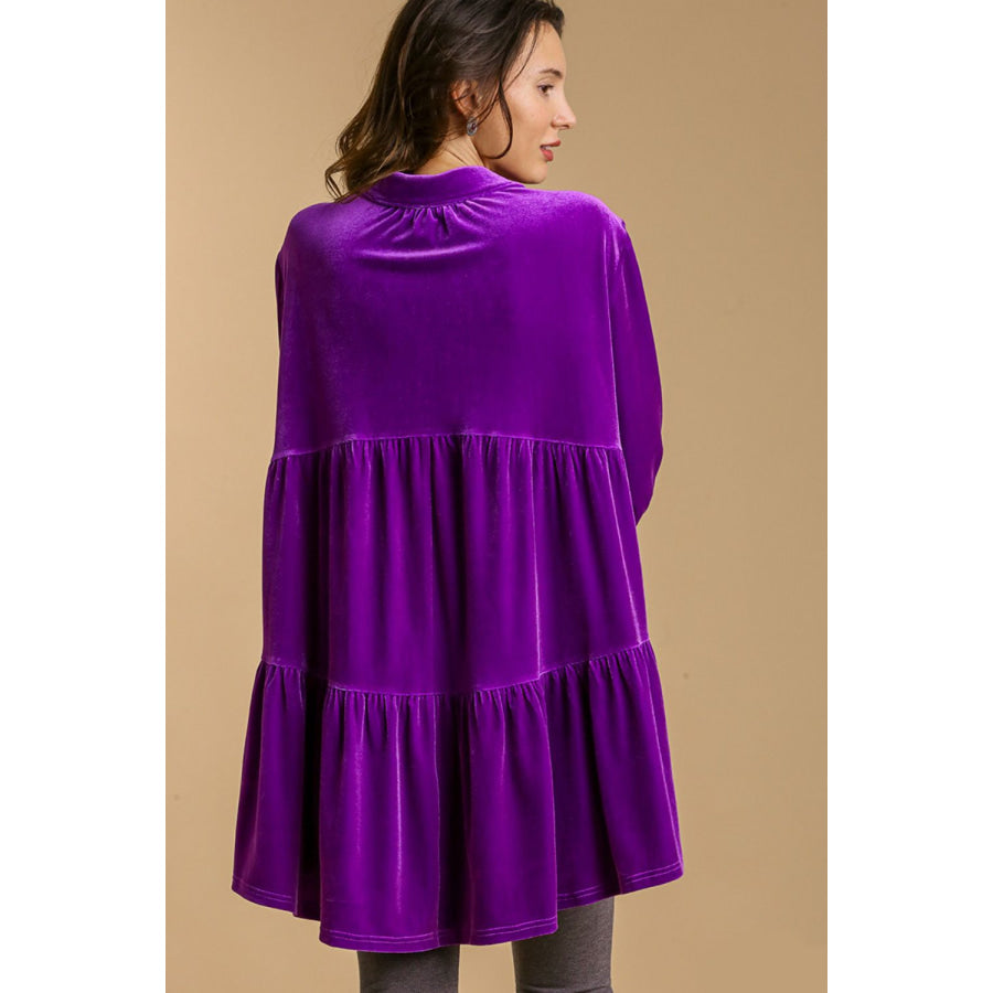 Umgee Full Size Button Down Tiered Back High Low Shirt Violet / S Apparel and Accessories