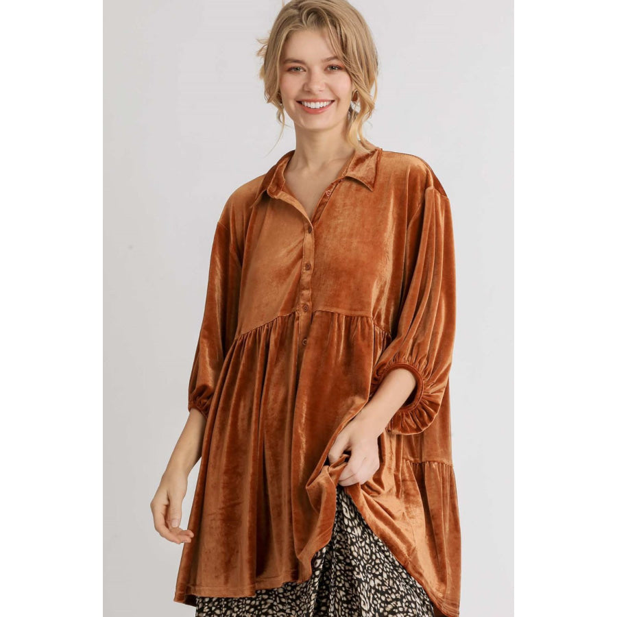 Umgee Full Size Button Down Tiered Back High Low Shirt Terracotta / S Apparel and Accessories