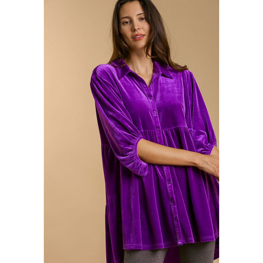 Umgee Full Size Button Down Tiered Back High Low Shirt Violet / S Apparel and Accessories