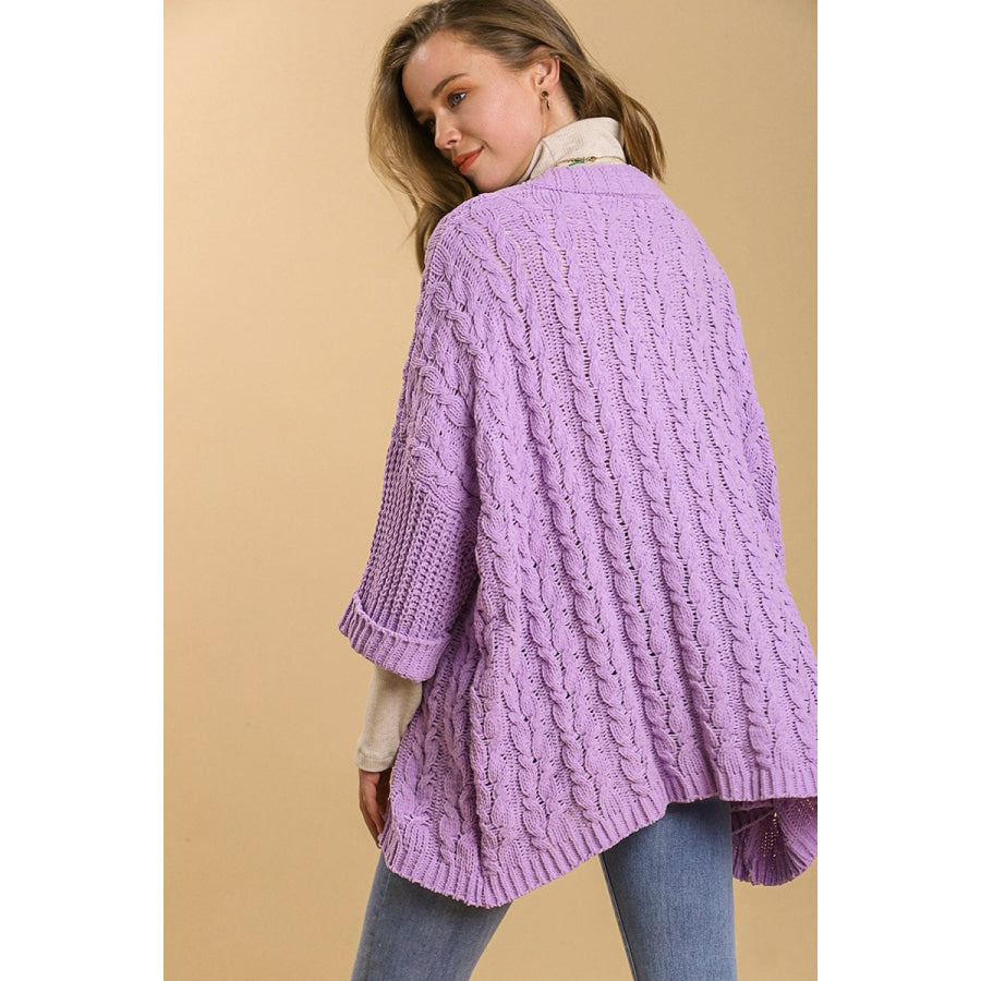 Umgee Full Size Cable Knit Open Front Long Sleeve Cardigan Lilac / S/M Apparel and Accessories