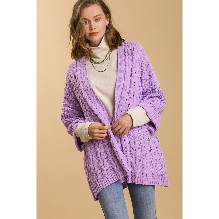 Umgee Full Size Cable Knit Open Front Long Sleeve Cardigan Lilac / S/M Apparel and Accessories