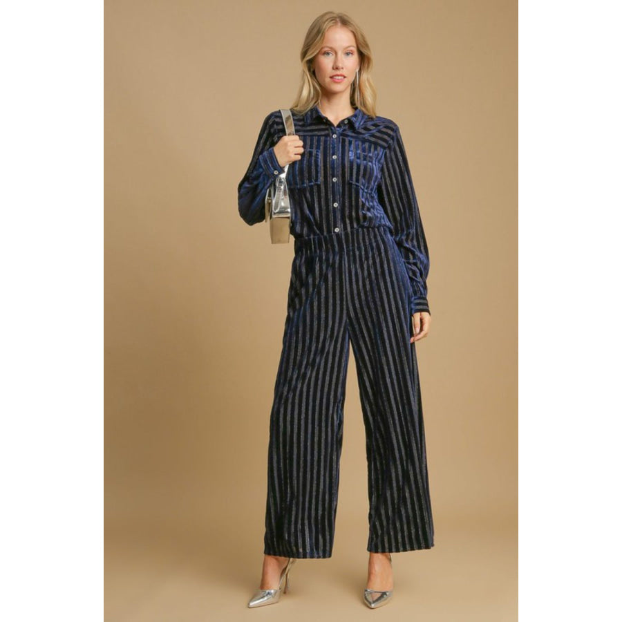 Umgee Full Size Elastic Waist Striped Wide Leg Velvet Pants Apparel and Accessories