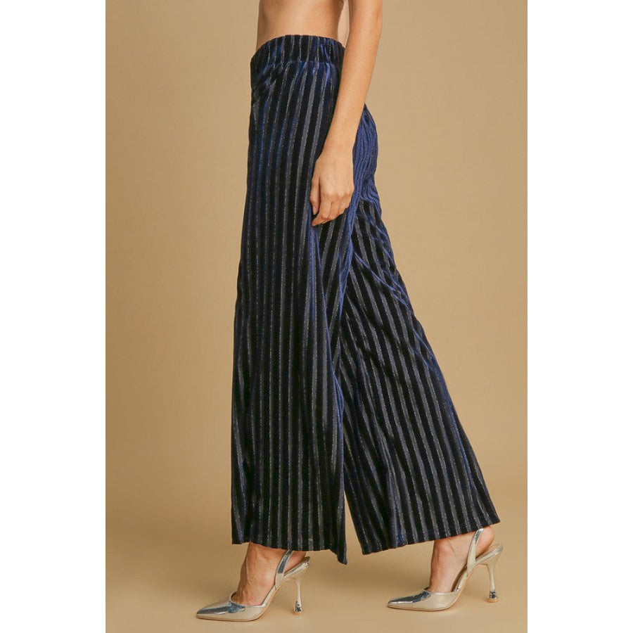 Umgee Full Size Elastic Waist Striped Wide Leg Velvet Pants Apparel and Accessories