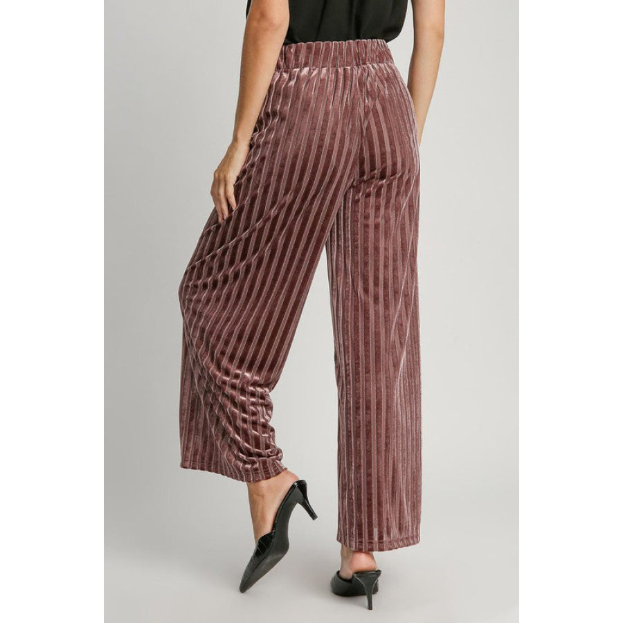 Umgee Full Size Elastic Waist Striped Wide Leg Velvet Pants Apparel and Accessories