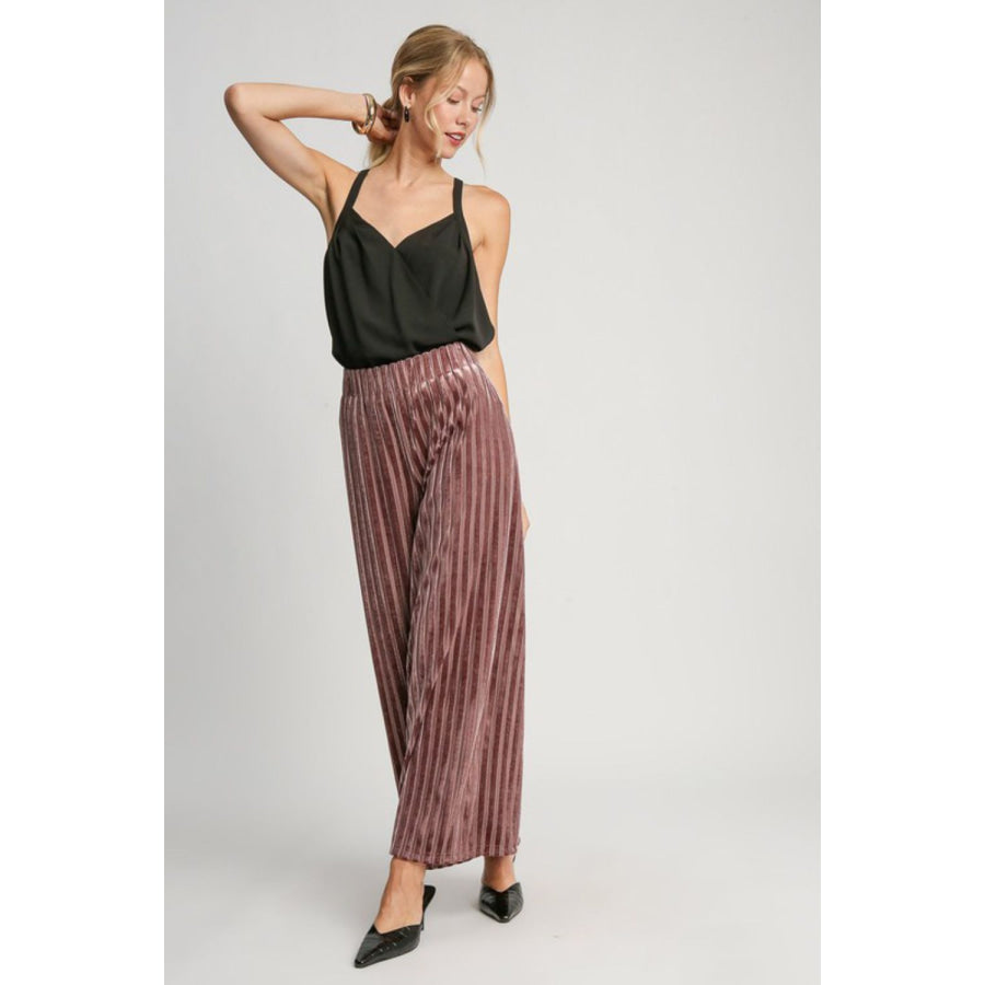 Umgee Full Size Elastic Waist Striped Wide Leg Velvet Pants Apparel and Accessories