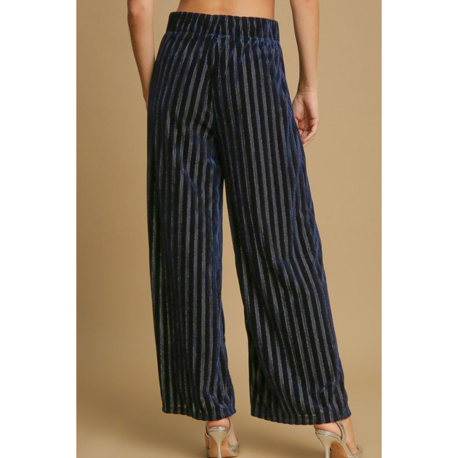 Umgee Full Size Elastic Waist Striped Wide Leg Velvet Pants Apparel and Accessories