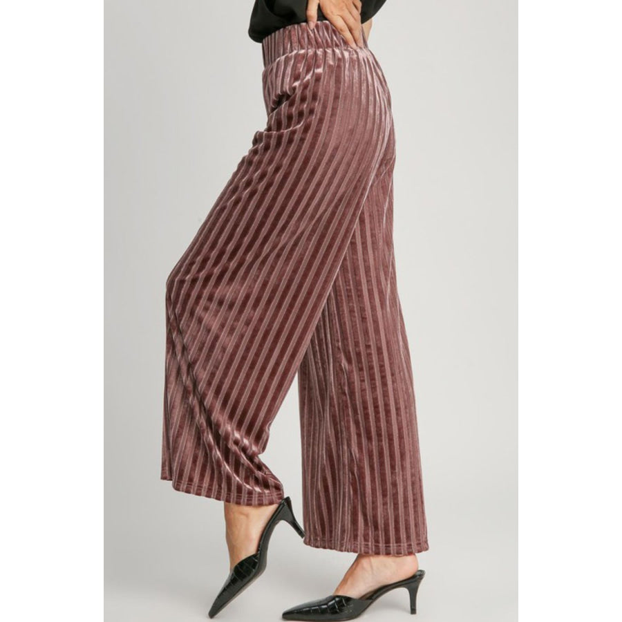 Umgee Full Size Elastic Waist Striped Wide Leg Velvet Pants Apparel and Accessories