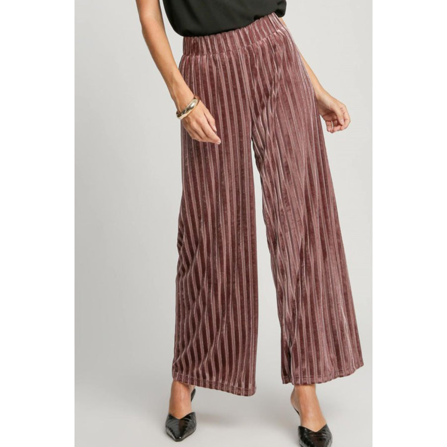 Umgee Full Size Elastic Waist Striped Wide Leg Velvet Pants Burgundy / S Apparel and Accessories