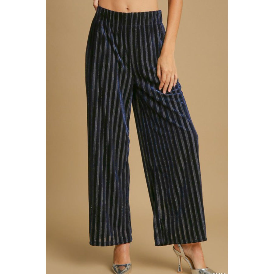 Umgee Full Size Elastic Waist Striped Wide Leg Velvet Pants Navy / S Apparel and Accessories