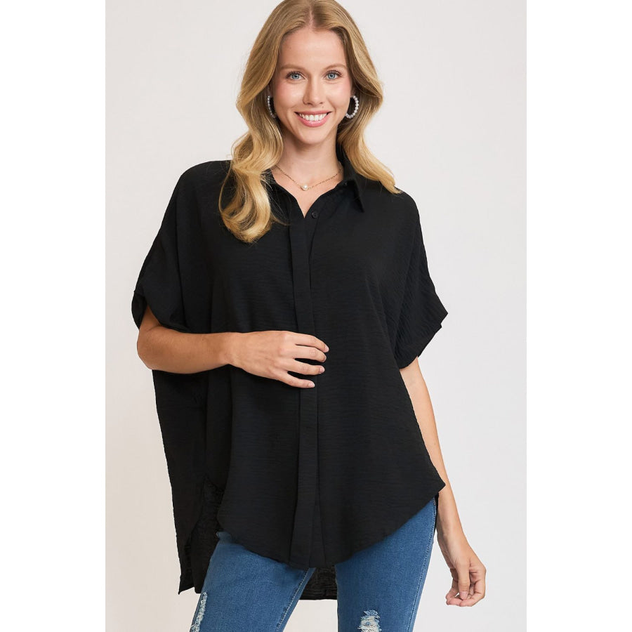 Umgee Full Size High-Low Button Up Short Sleeve Shirt Black / S Apparel and Accessories