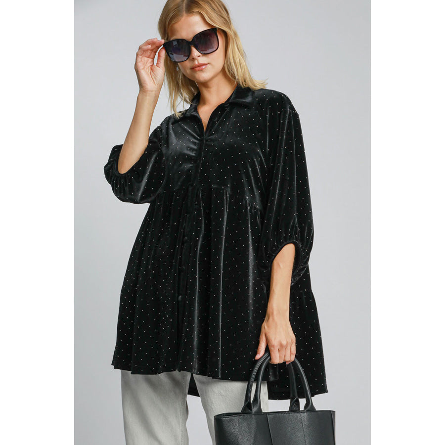 Umgee Full Size Polka Dot Button Up Half Sleeve Shirt Black / S Apparel and Accessories