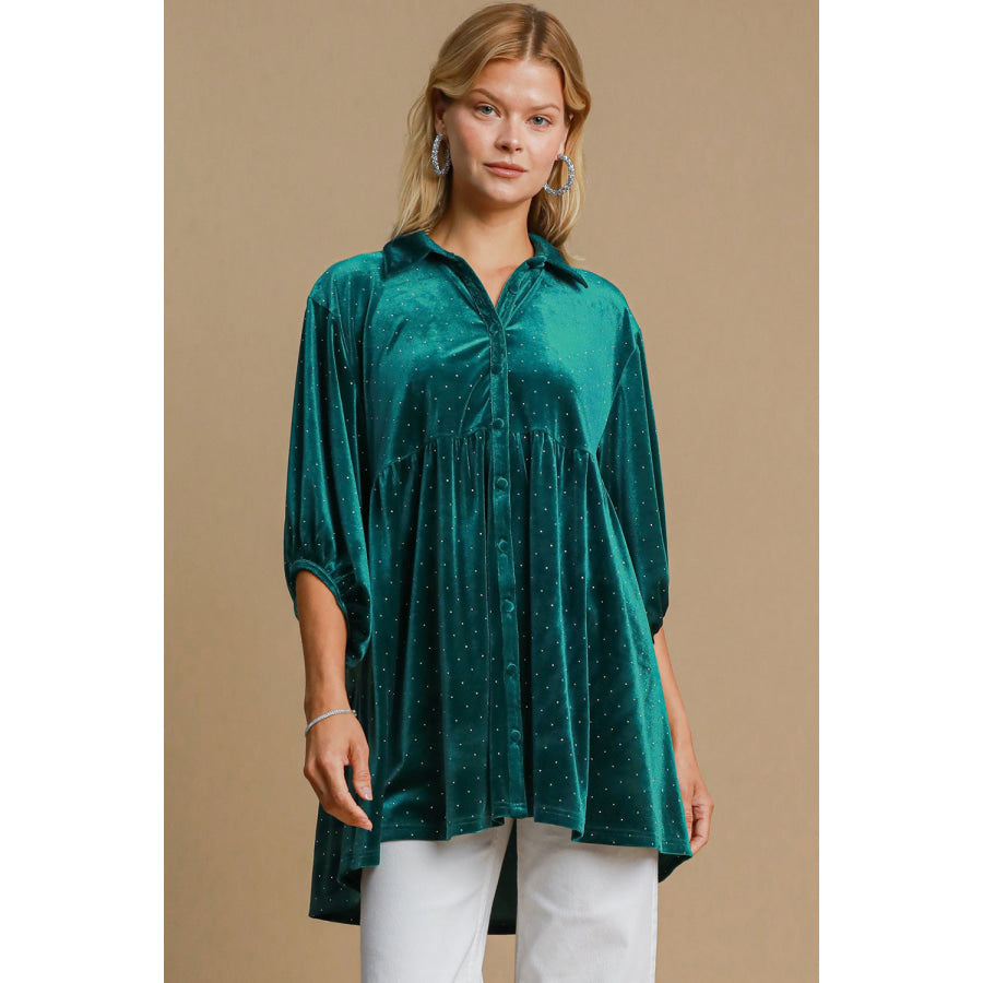 Umgee Full Size Polka Dot Collared Neck Button Up Shirt Teal Green / S Apparel and Accessories