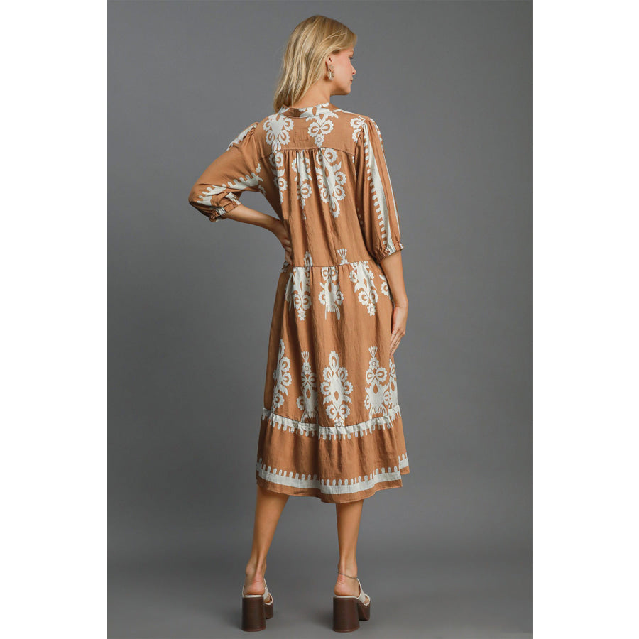 Umgee Full Size Printed Notched Midi Dress Mocha / S Apparel and Accessories